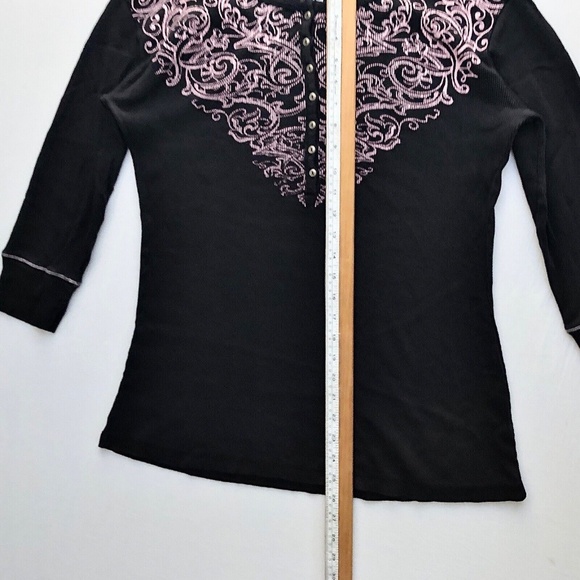 Y2K 2000s Ribbed Knit 100% Cotton Black Pink Cyber Punk Emo Goth 1/2 Button Up L - Picture 9 of 12